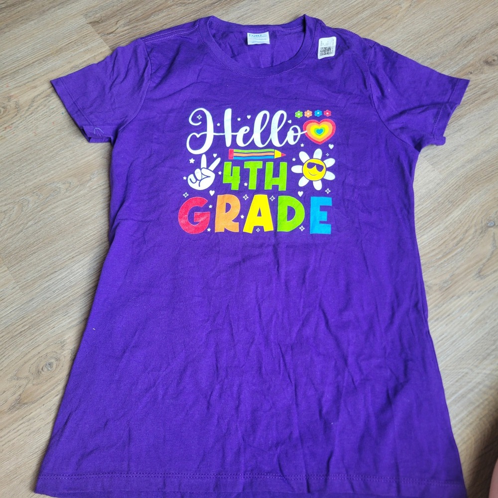 Port & Company Women T-Shirt XS Purple Cotton Hello 4th Grade School Teacher Tee